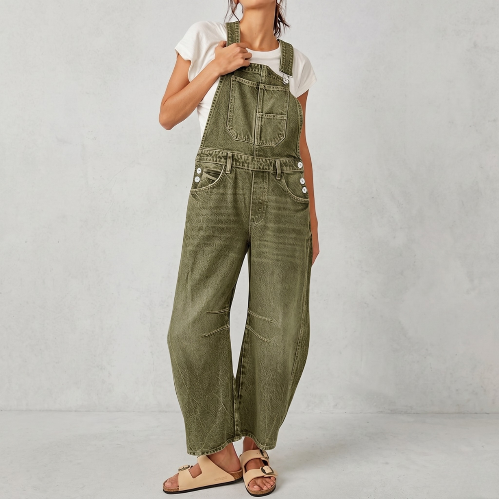 Loose Fit Wide Denim Bib Overalls Jumpsuit For Women With Pockets