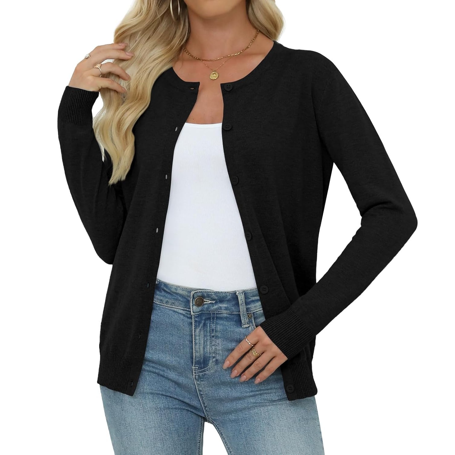 Casual Long Knit Crew Sleeve Front Cardigan With Button For Women