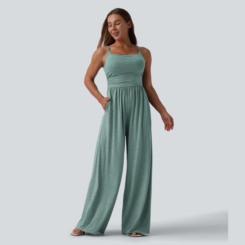 Casual Wide Ruched Jumpsuit With Pockets For Women