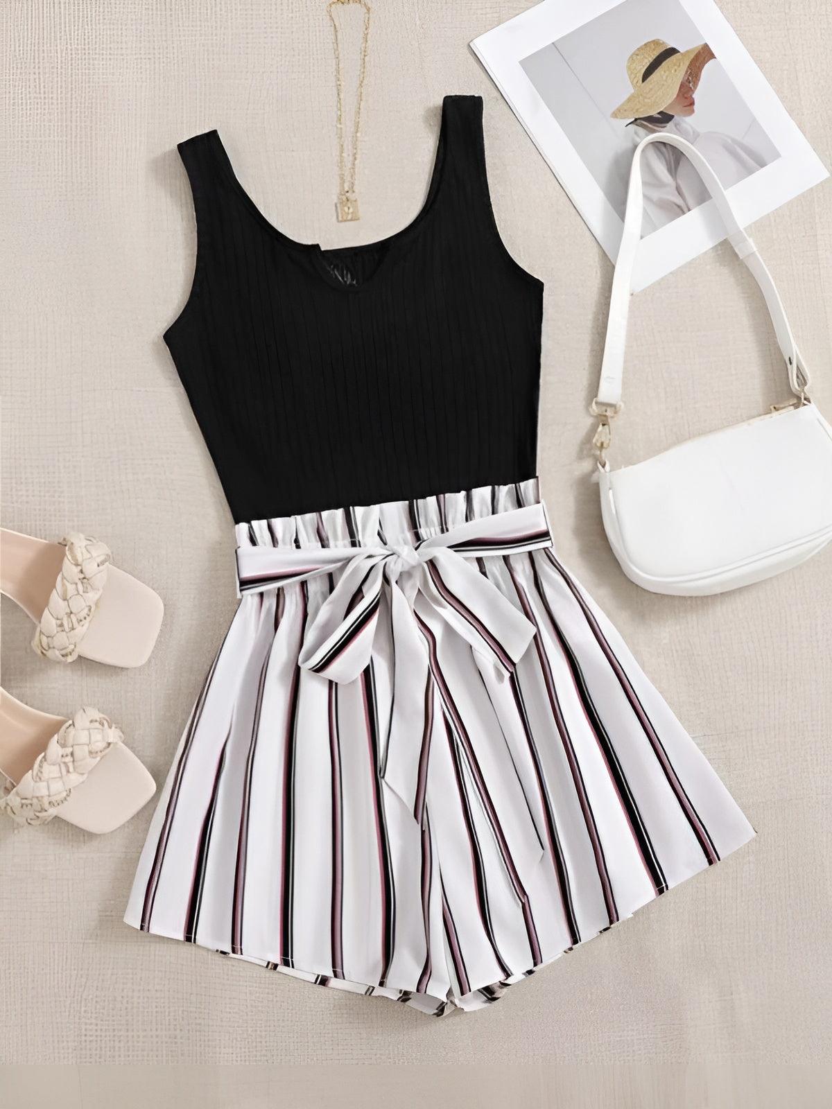 Round Neck Striped Belted Romper-Comfy Jumpsuits
