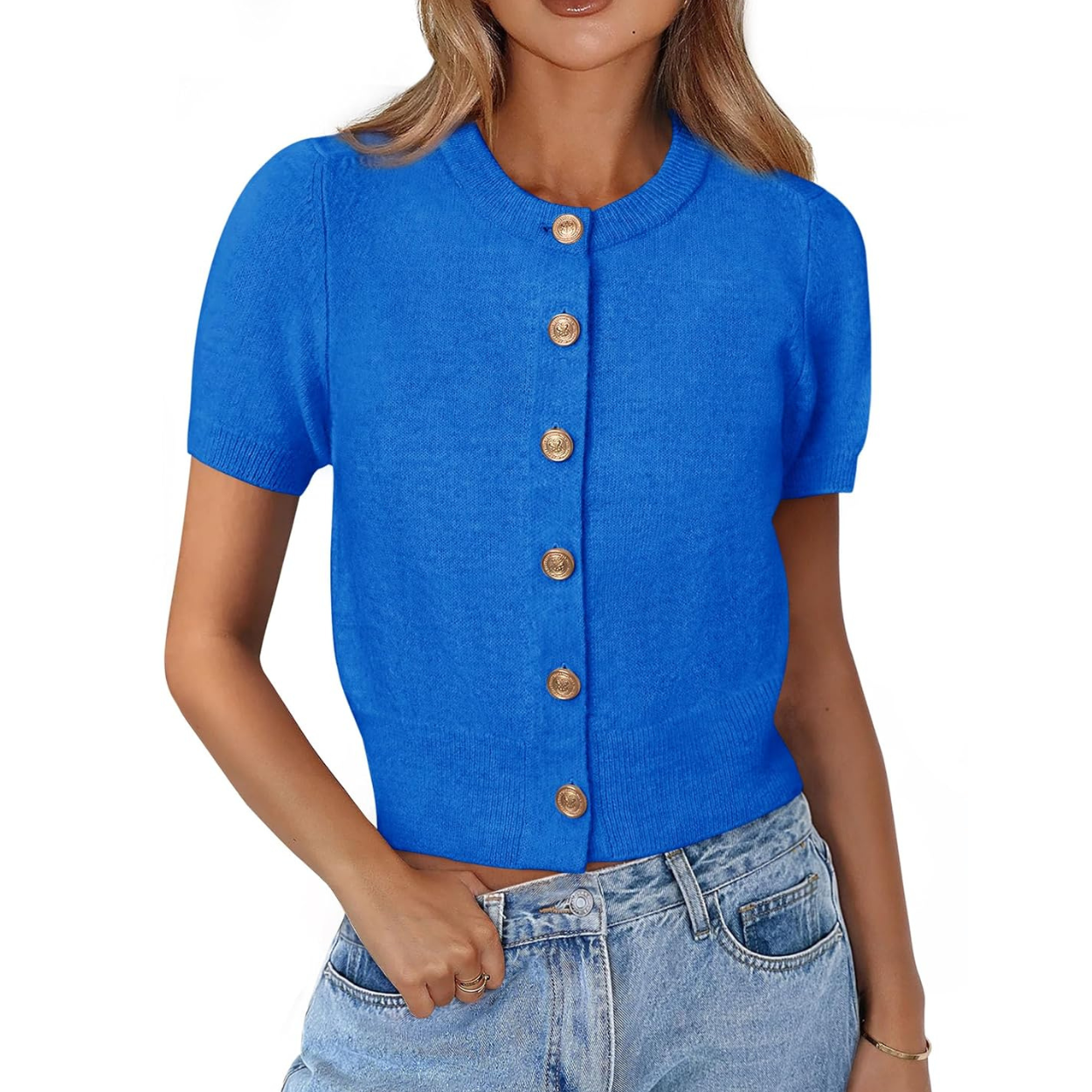 Casual Stretchy Short Sleeve Knit Crop Cardigan For Women