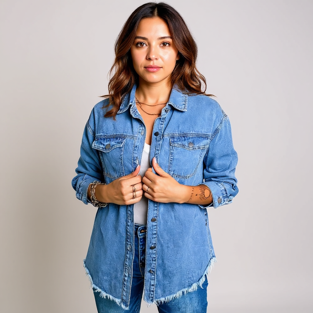 Oversized Denim Shacket With Frayed Hem And Pockets