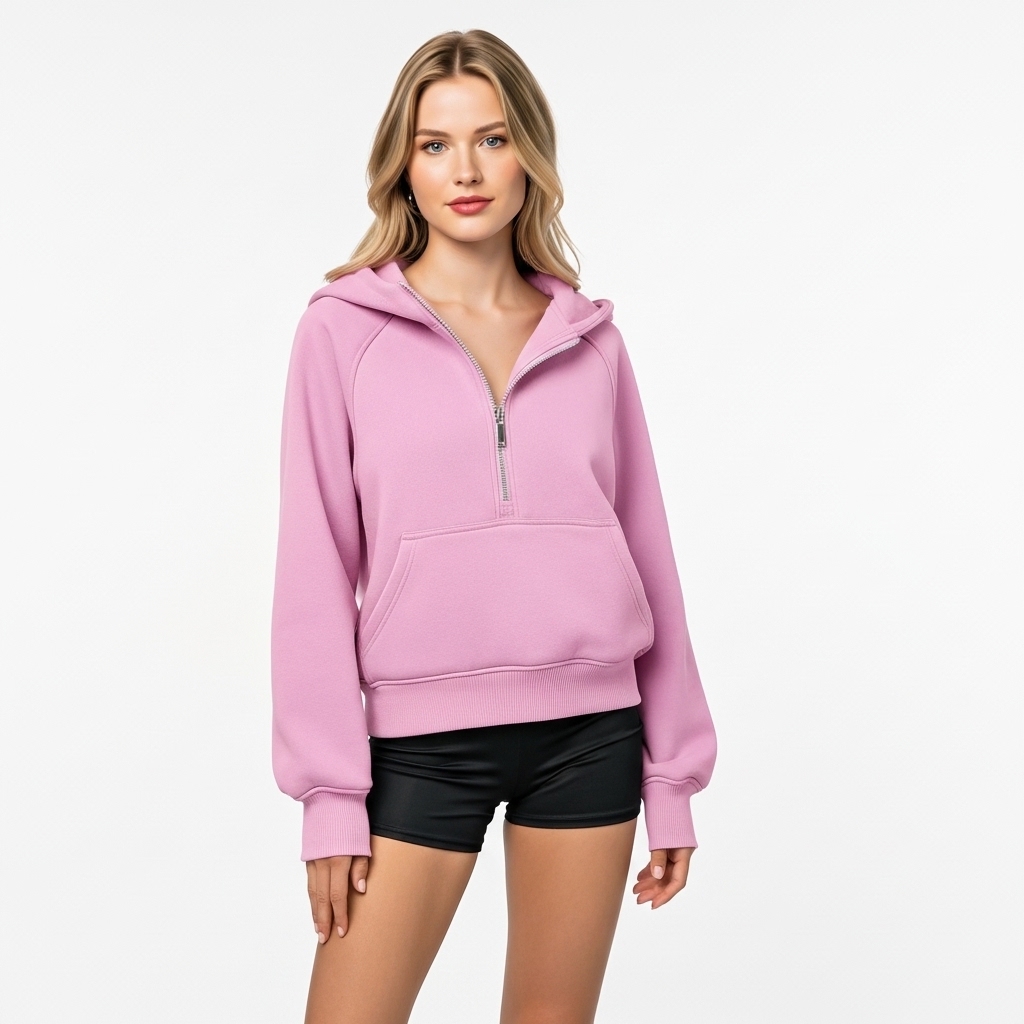 Half Zip Fleece Hoodie Sweatshirt With Oversized Fit Style For Women