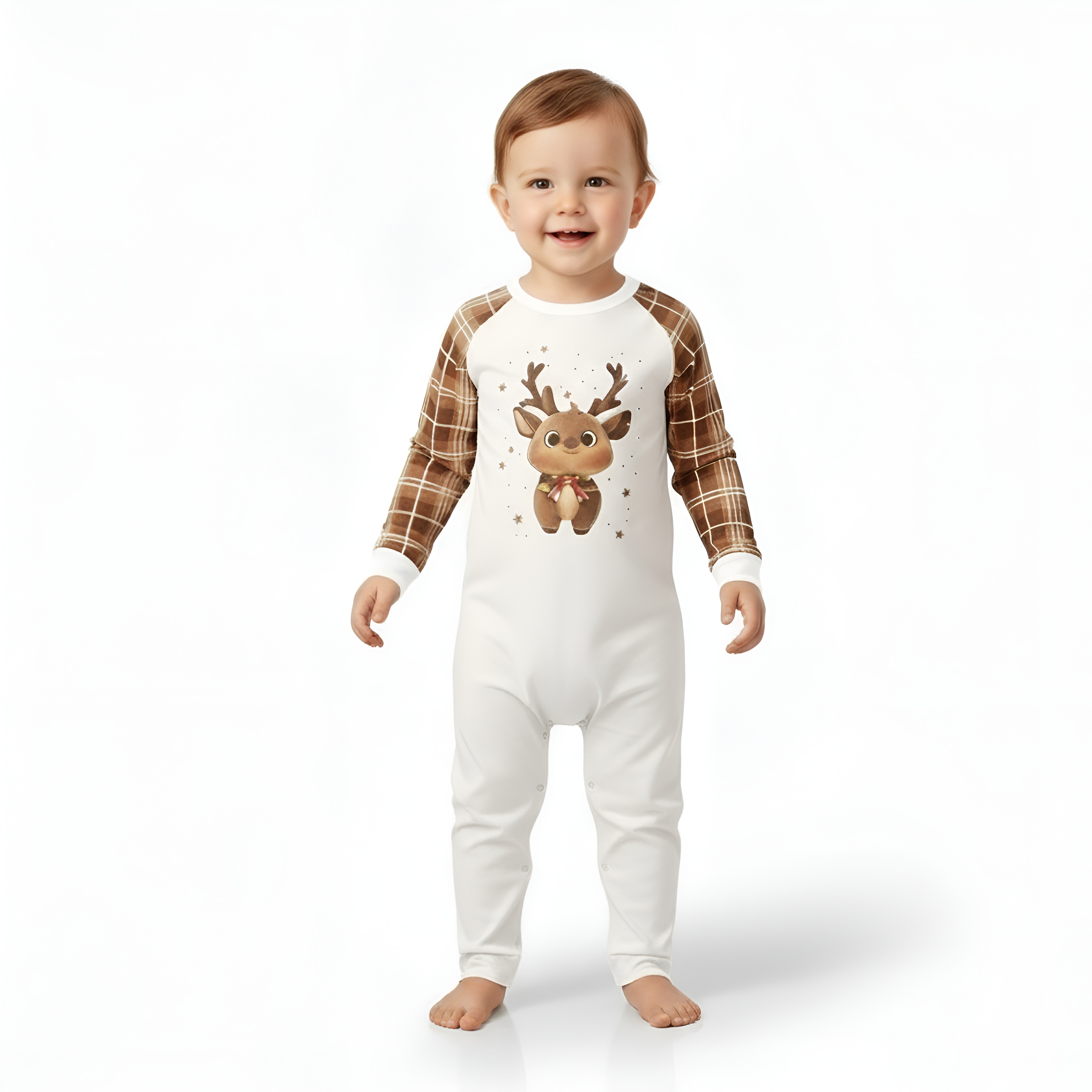 Baby Reindeer Printed Plaid Family Matching Christmas Pajama Set
