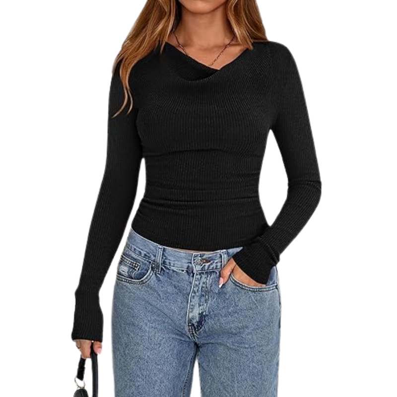 Womens Long Sleeve Cowl Neck Ribbed Knit Slim Fit Top