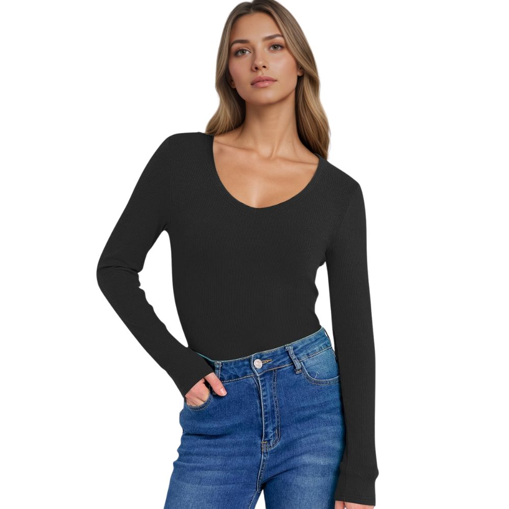 Long Sleeve Shirts for Women V Neck Ribbed Knit Fitted Fall Basic Tshirts