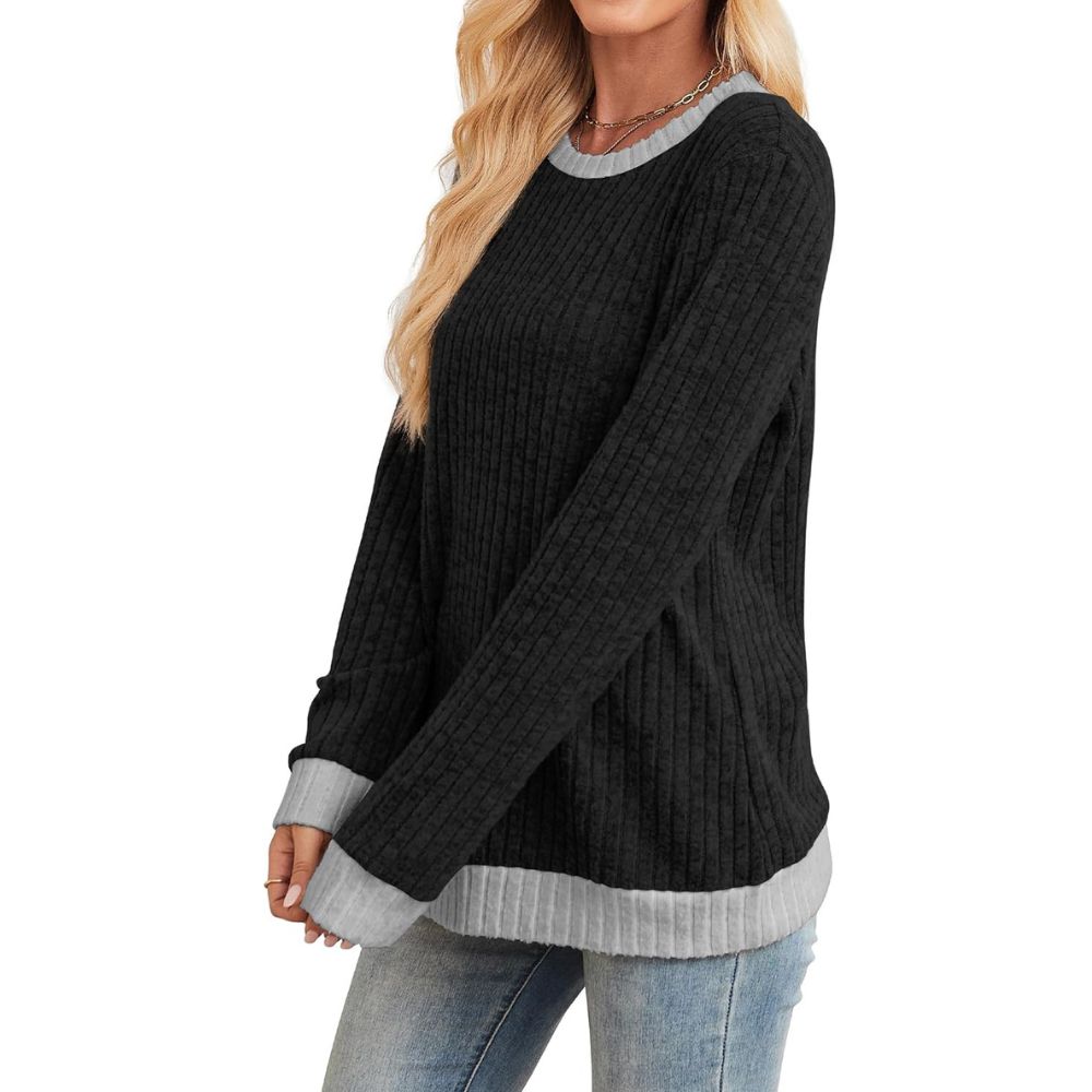 Tops Long Sleeve Shirts Lightweight Sweaters Loose Fit Crewneck Color Block