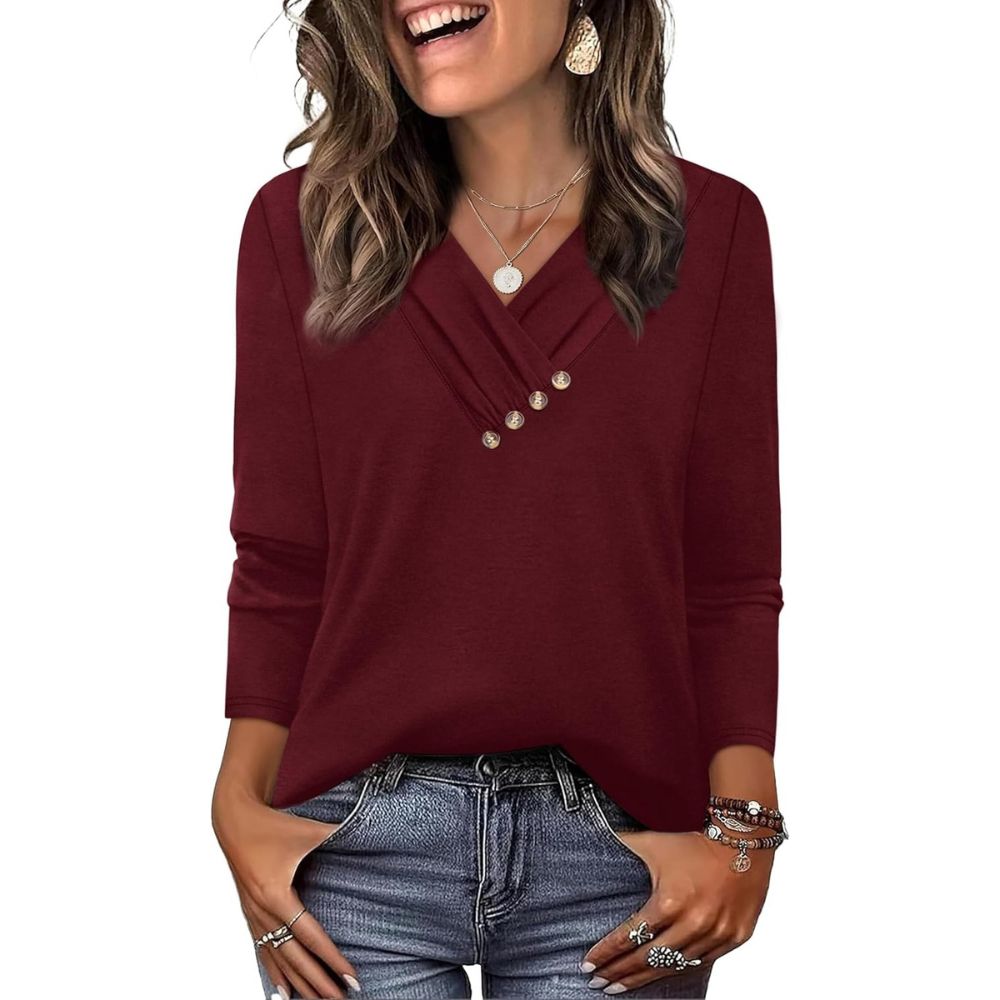 Long Sleeve Shirts for Women Fall Outfits V Neck T Shirts Button Down Tunic Tops
