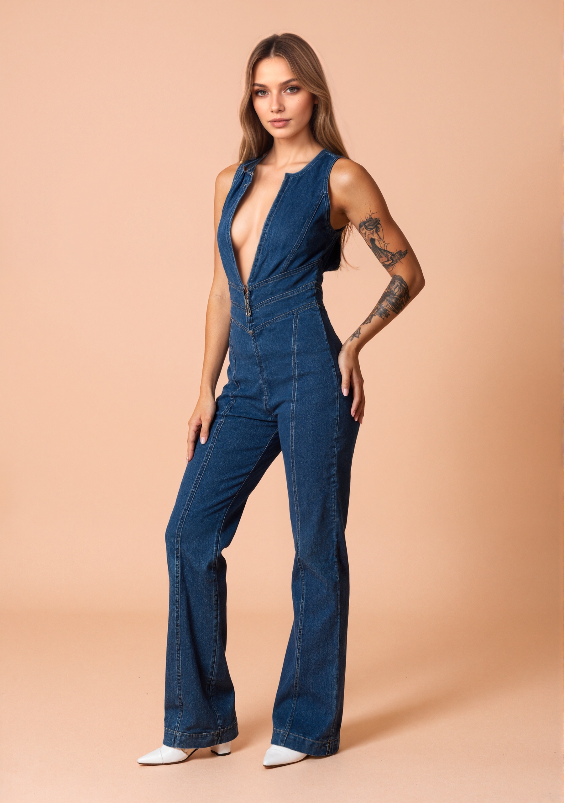Button Front Flare Denim Jumpsuit