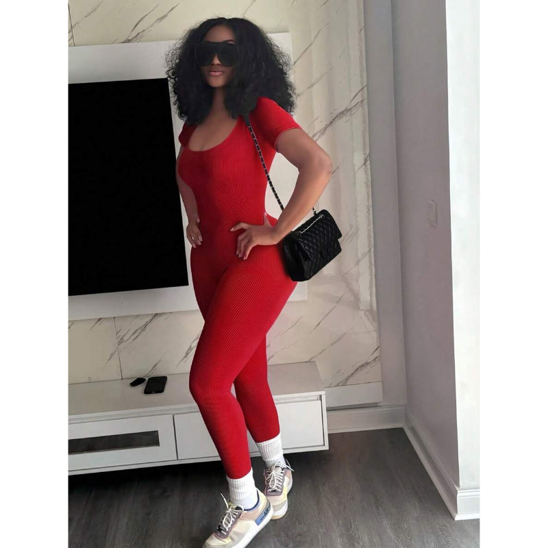 Casual Solid Color Ribbed Short Sleeve Jumpsuit