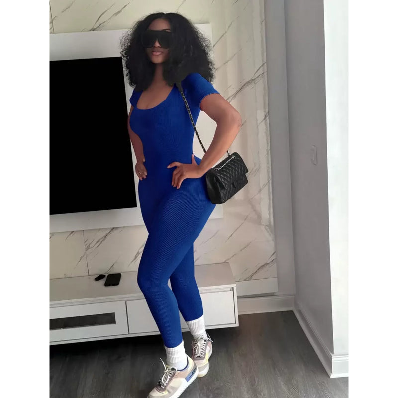 Casual Solid Color Ribbed Short Sleeve Jumpsuit