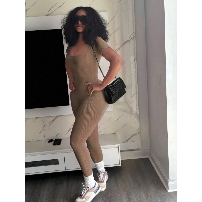 Casual Solid Color Ribbed Short Sleeve Jumpsuit