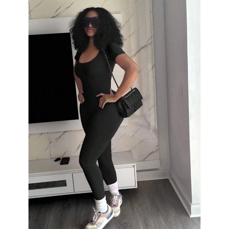 Casual Solid Color Ribbed Short Sleeve Jumpsuit