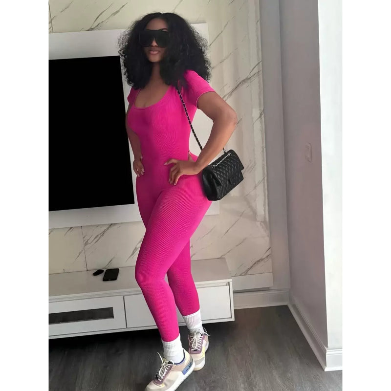 Casual Solid Color Ribbed Short Sleeve Jumpsuit