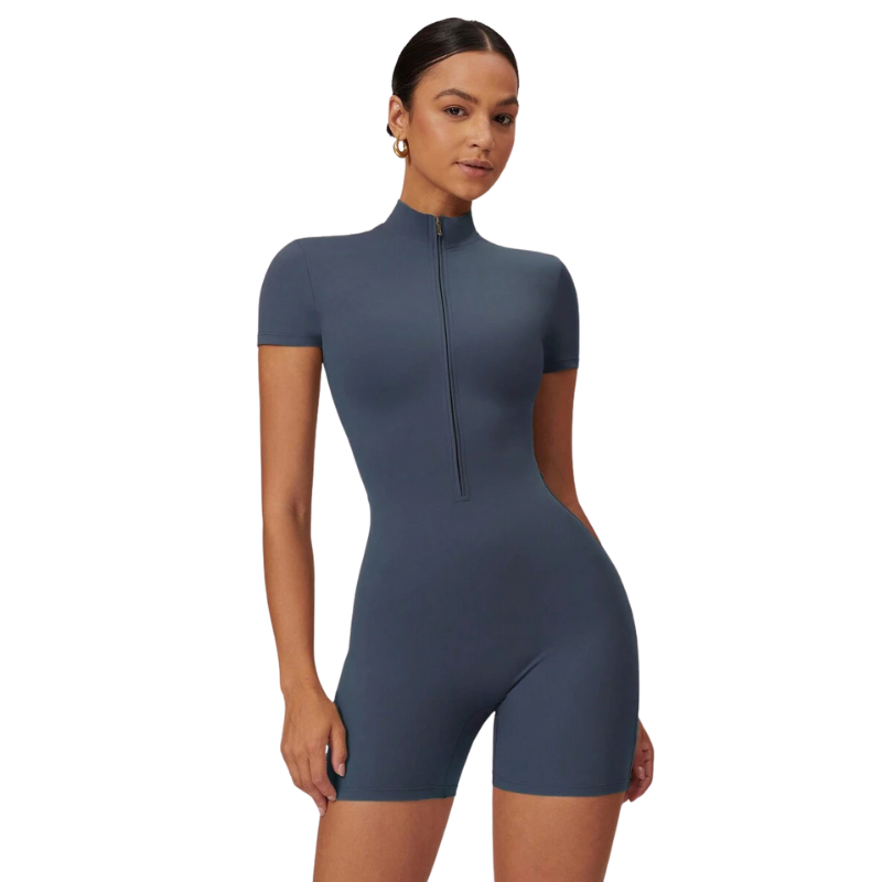 Short Sleeved Sports Jumpsuit With Stretchy Fabric And Zipper
