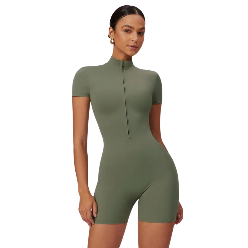 Short Sleeved Sports Jumpsuit With Stretchy Fabric And Zipper