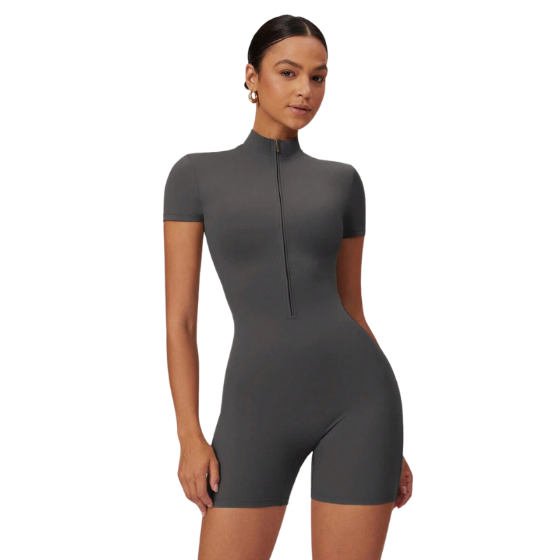 Short Sleeved Sports Jumpsuit With Stretchy Fabric And Zipper