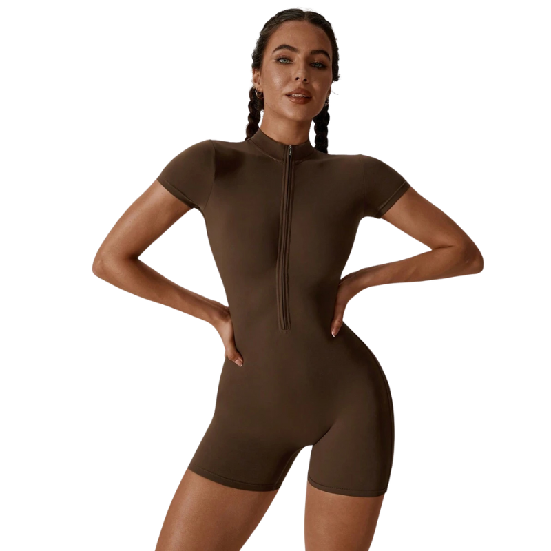 Short Sleeved Sports Jumpsuit With Stretchy Fabric And Zipper