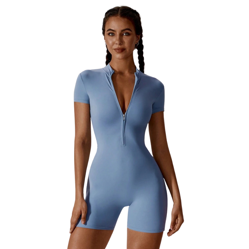 Short Sleeved Sports Jumpsuit With Stretchy Fabric And Zipper