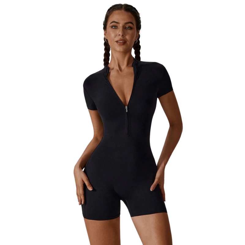 Short Sleeved Sports Jumpsuit With Stretchy Fabric And Zipper