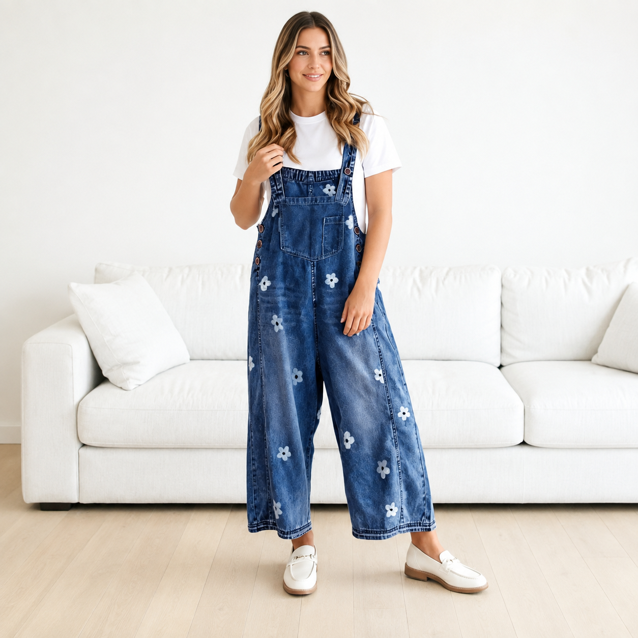 Floral Print Denim Bib Jumpsuit For Women