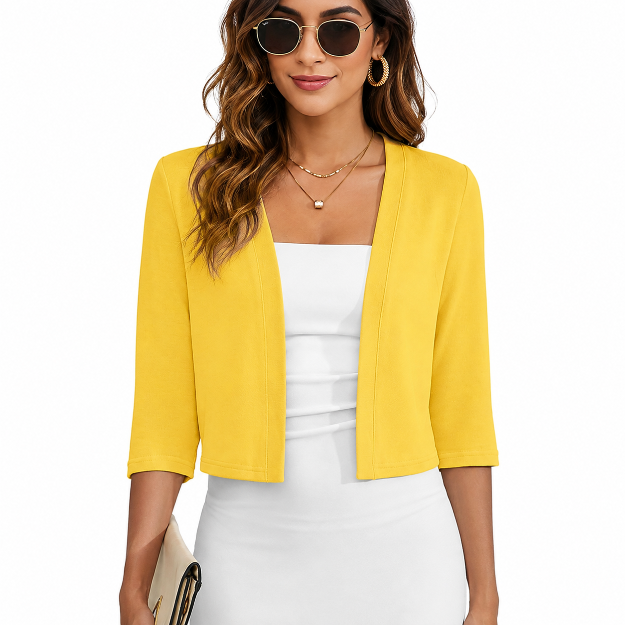 Open Front Cropped Three Quarter Sleeve Cardigan for Women