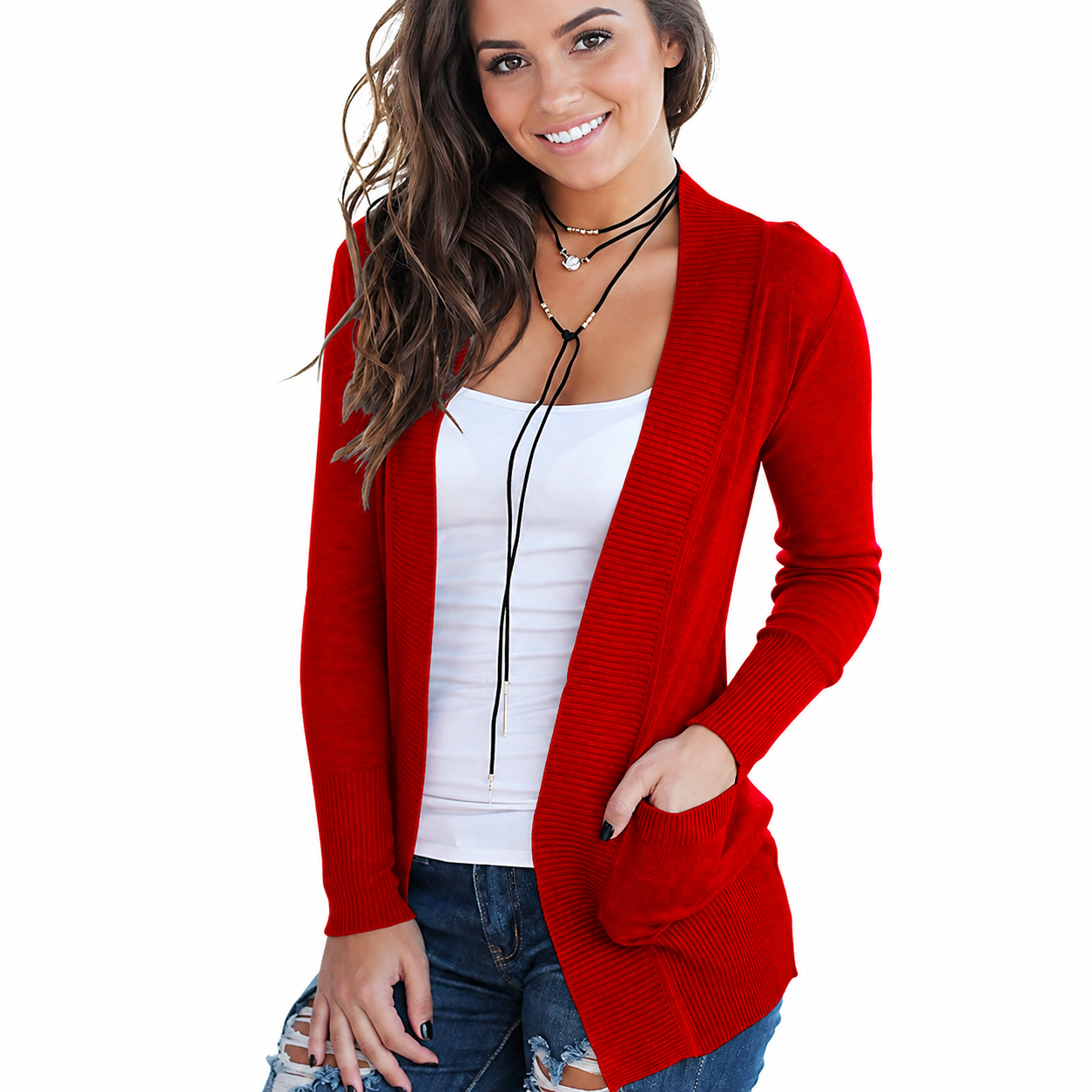 Open Front Long Sleeve Knit Cardigan with Pockets for Women
