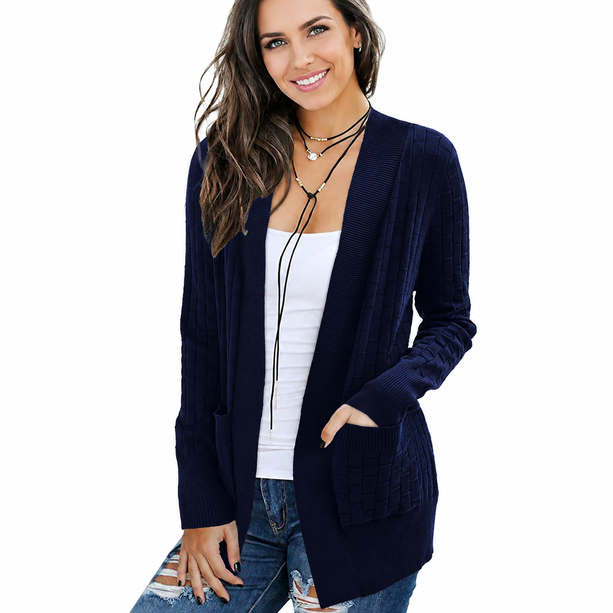 Open Front Long Sleeve Knit Cardigan with Pockets for Women