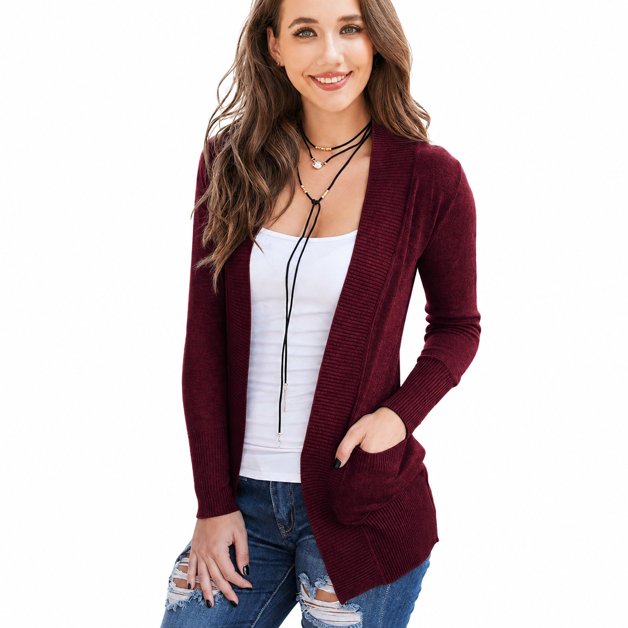 Open Front Long Sleeve Knit Cardigan with Pockets for Women