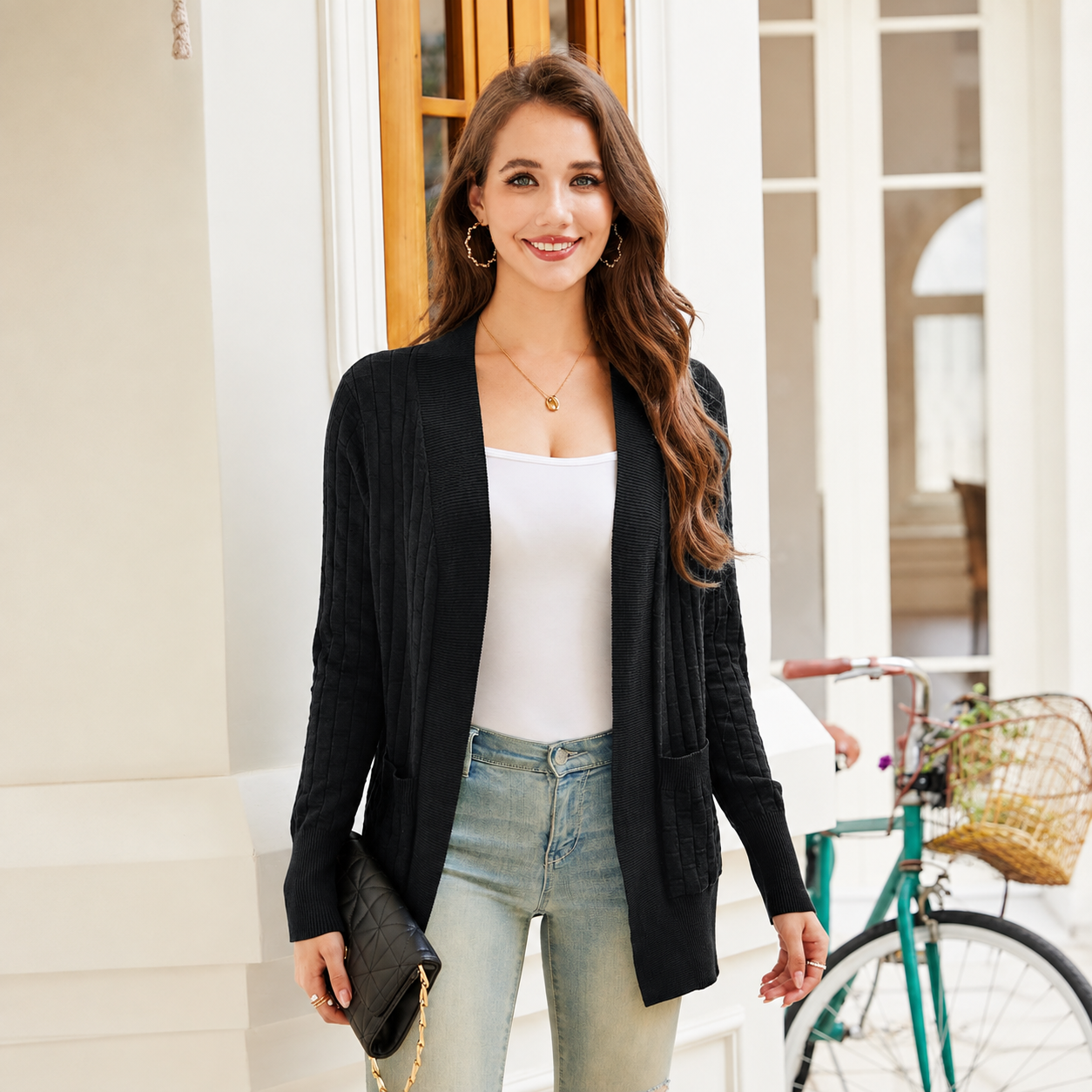 Open Front Long Sleeve Knit Cardigan with Pockets for Women