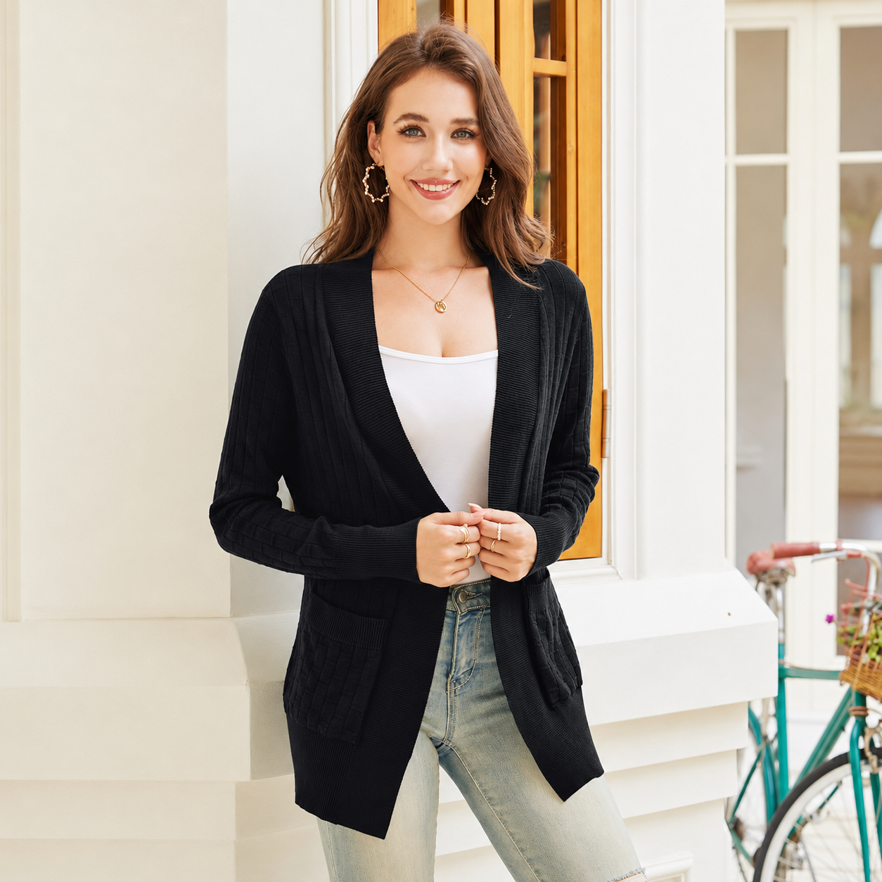 Open Front Long Sleeve Knit Cardigan with Pockets for Women