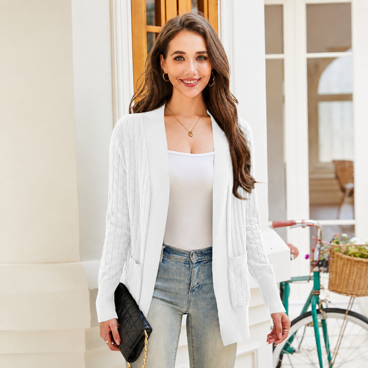 Open Front Long Sleeve Knit Cardigan with Pockets for Women