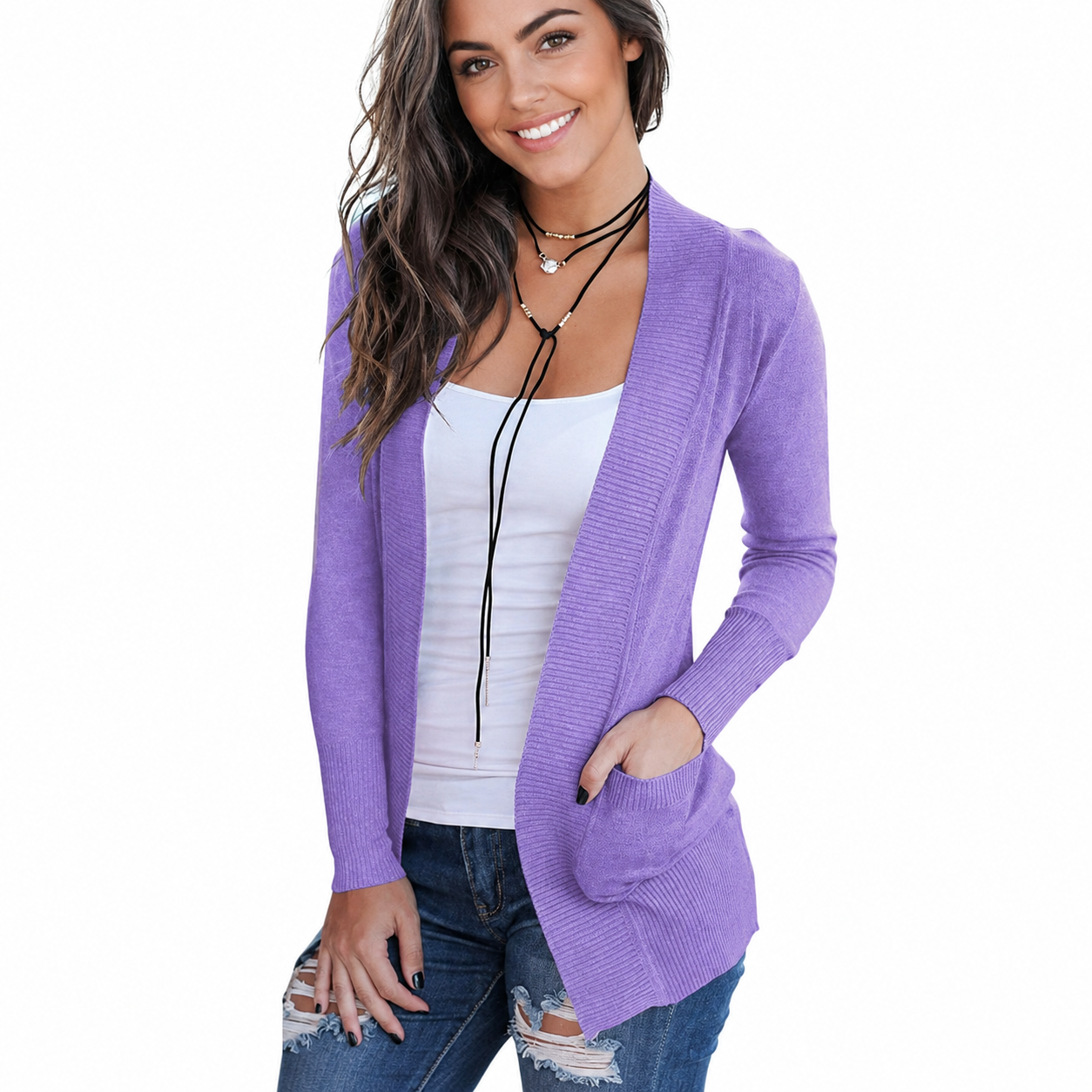 Open Front Long Sleeve Knit Cardigan with Pockets for Women
