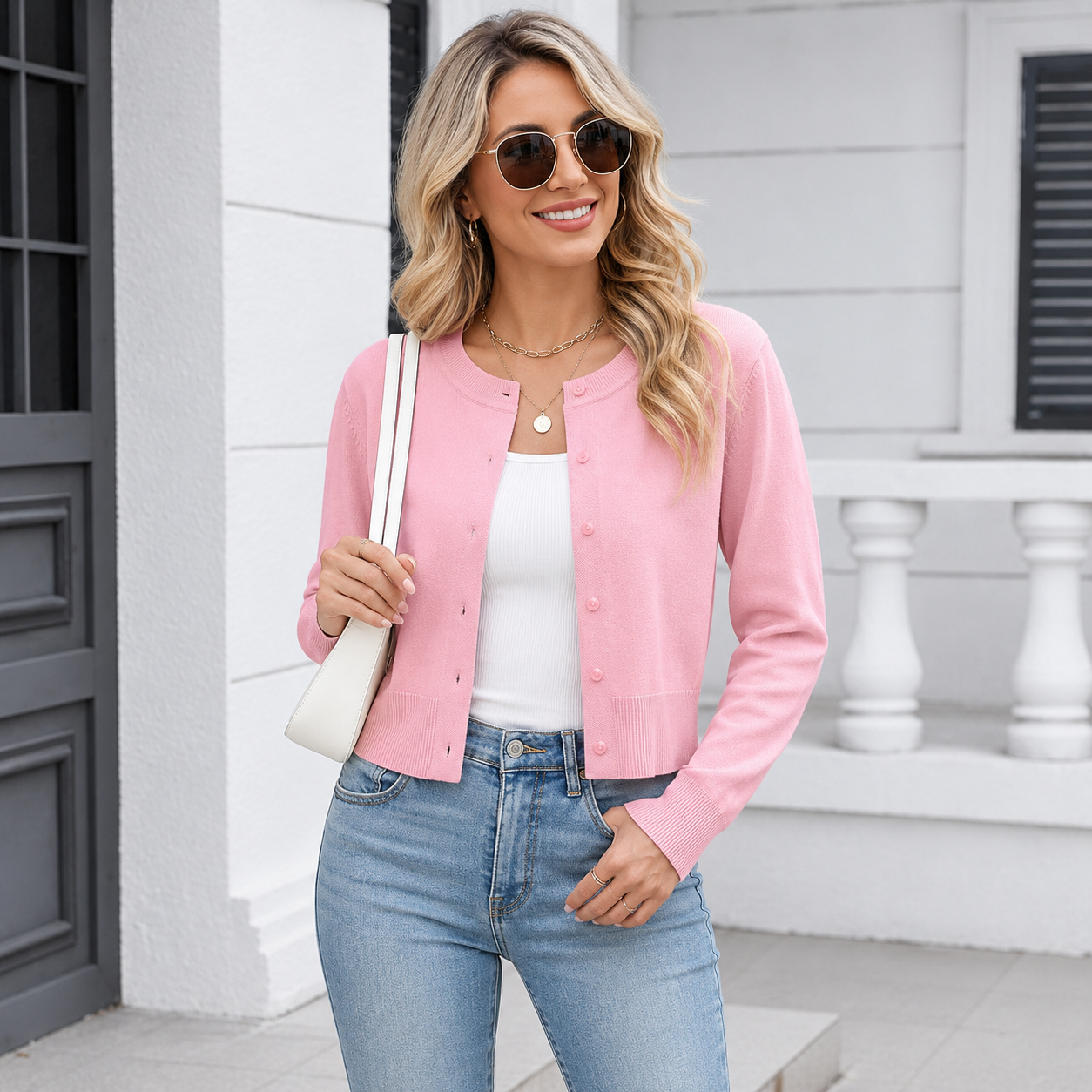 Casual Lightweight Button Down Cropped Cardigan For Women