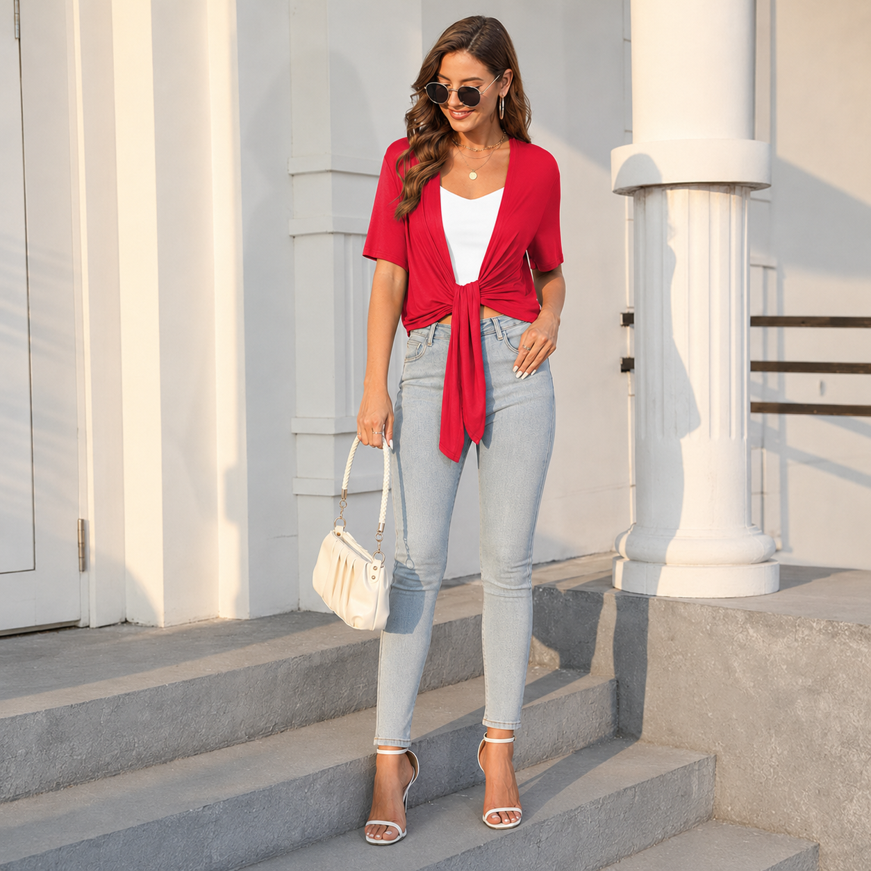 Casual Short Sleeve Front Tie Cardigan For Women