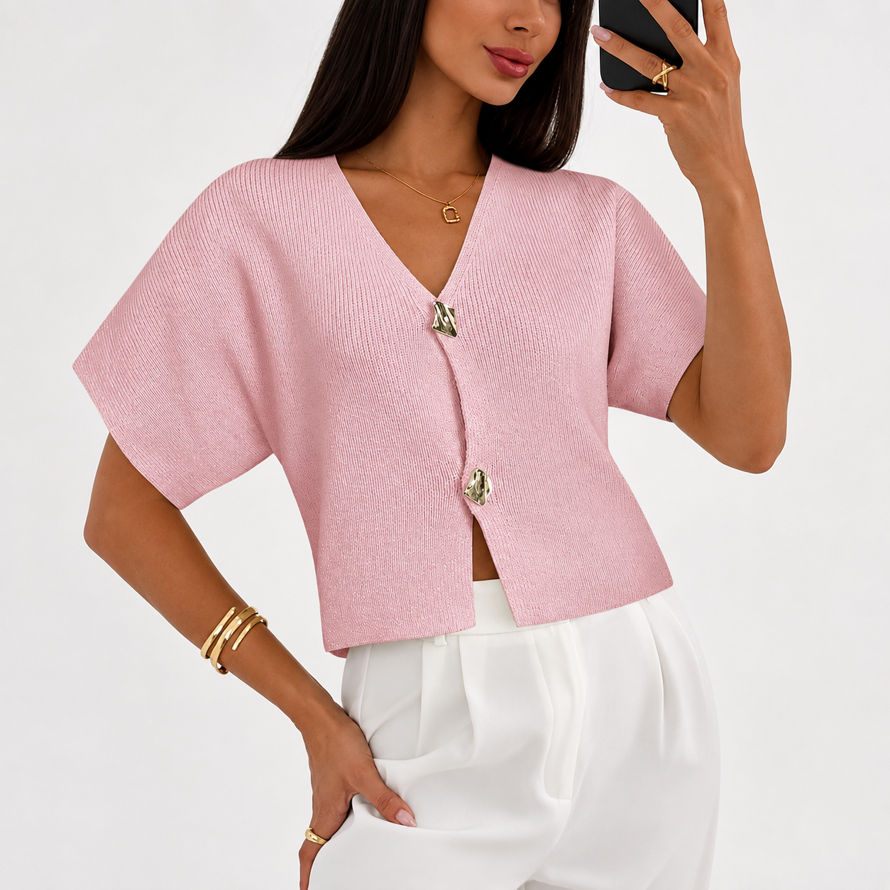 Casual Button Down Slim Fit Knit Top For Women