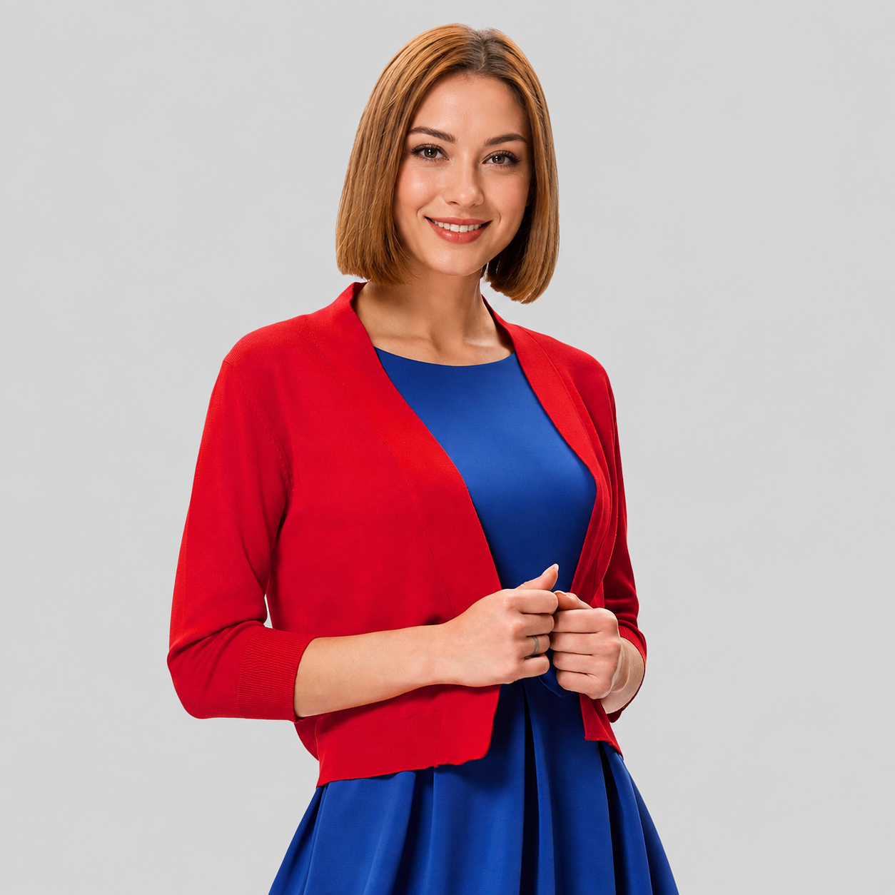 Lightweight Cropped Open Front Cardigan with Three Quarter Sleeves for Women