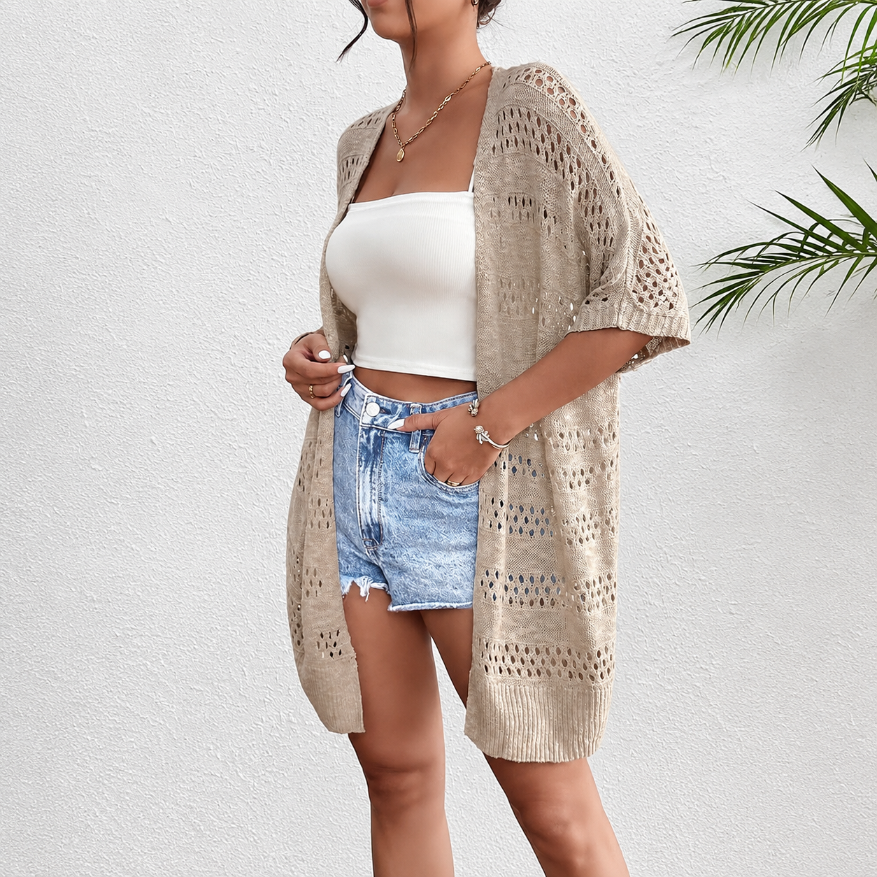 Lightweight Short Sleeve Crochet Knit Open Front Cardigan For Women