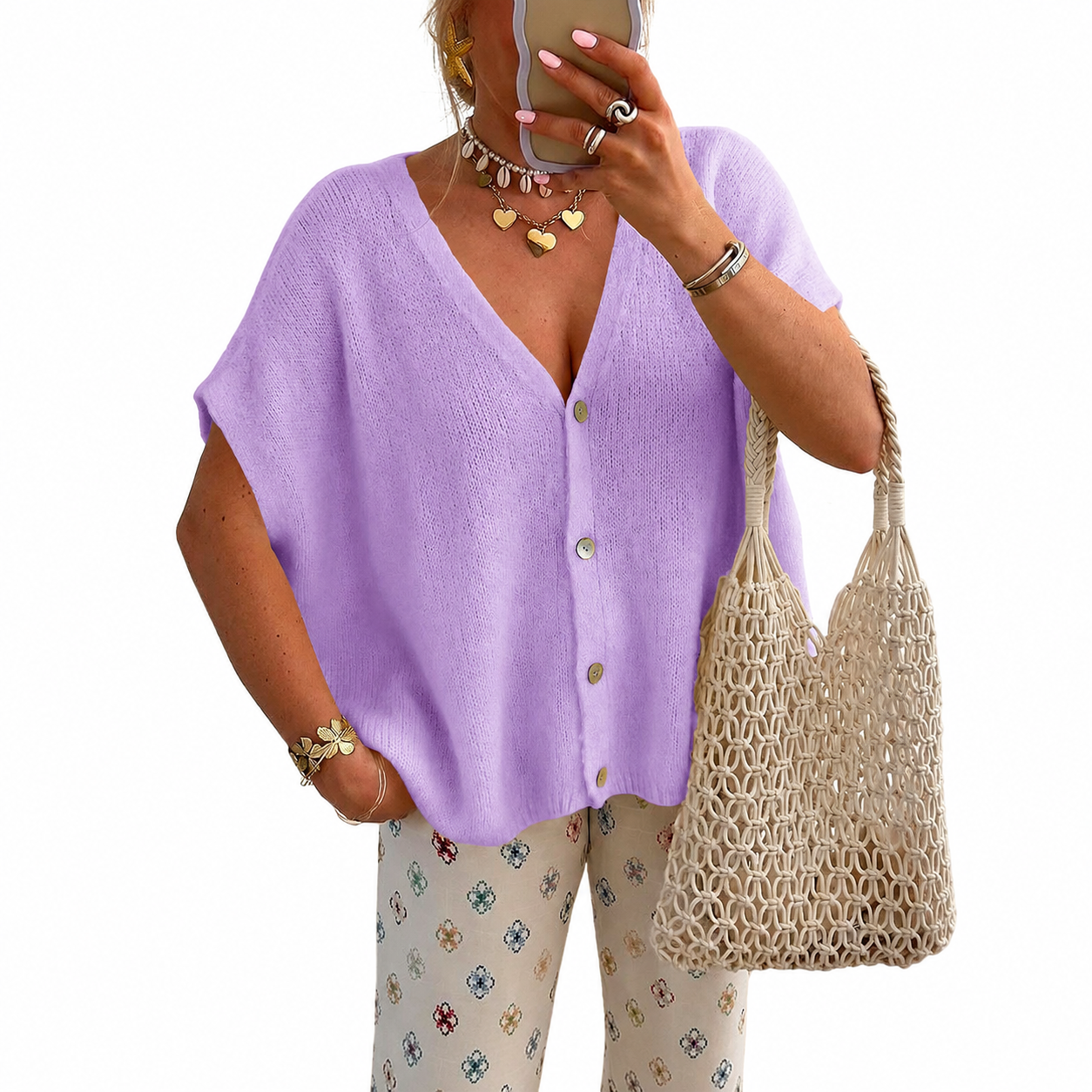 Casual Short Sleeve Button Down Sweater For Women