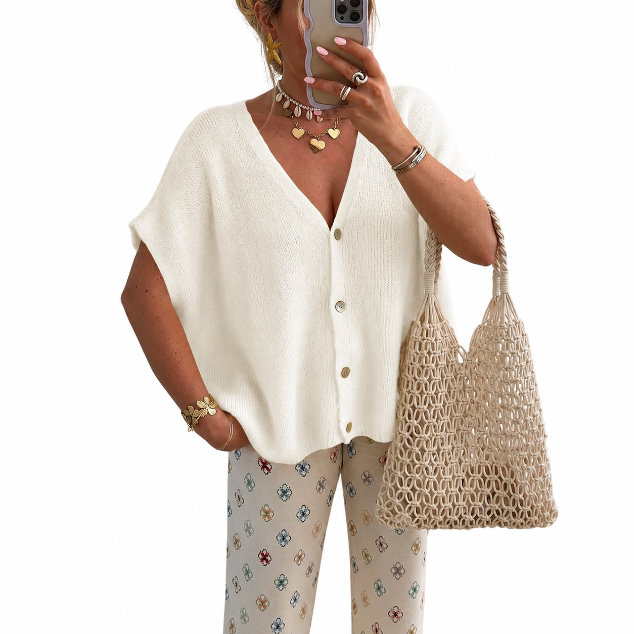 Casual Short Sleeve Button Down Sweater For Women