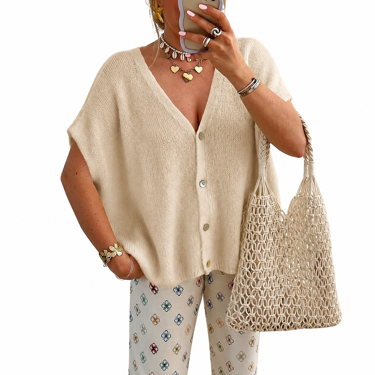 Casual Short Sleeve Button Down Sweater For Women