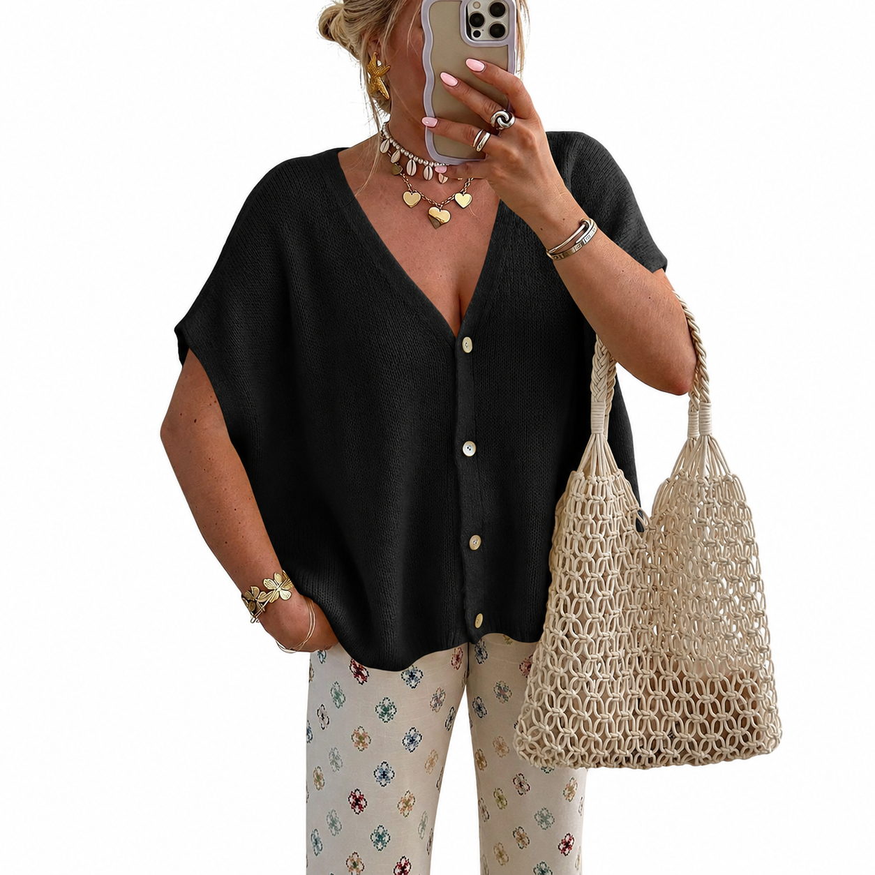 Casual Short Sleeve Button Down Sweater For Women