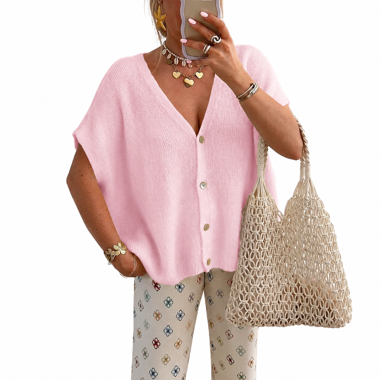 Casual Short Sleeve Button Down Sweater For Women