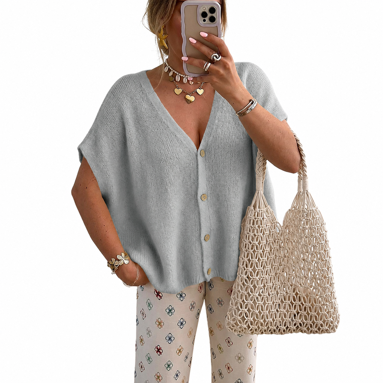 Casual Short Sleeve Button Down Sweater For Women