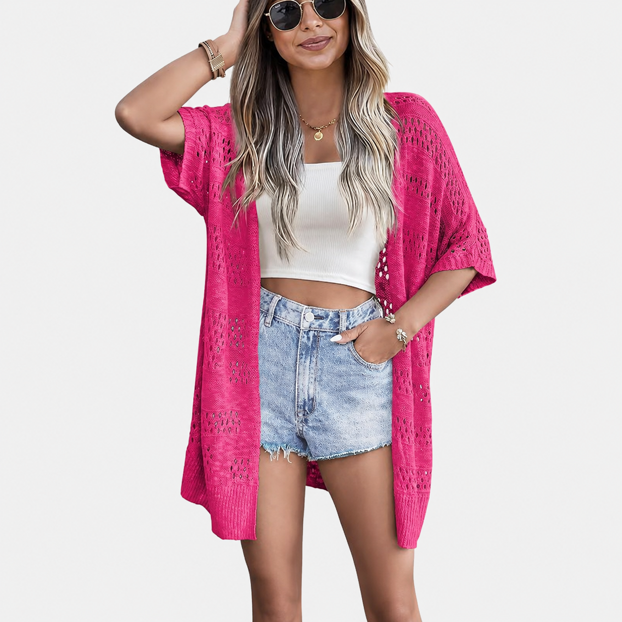 Lightweight Short Sleeve Crochet Knit Open Front Cardigan For Women