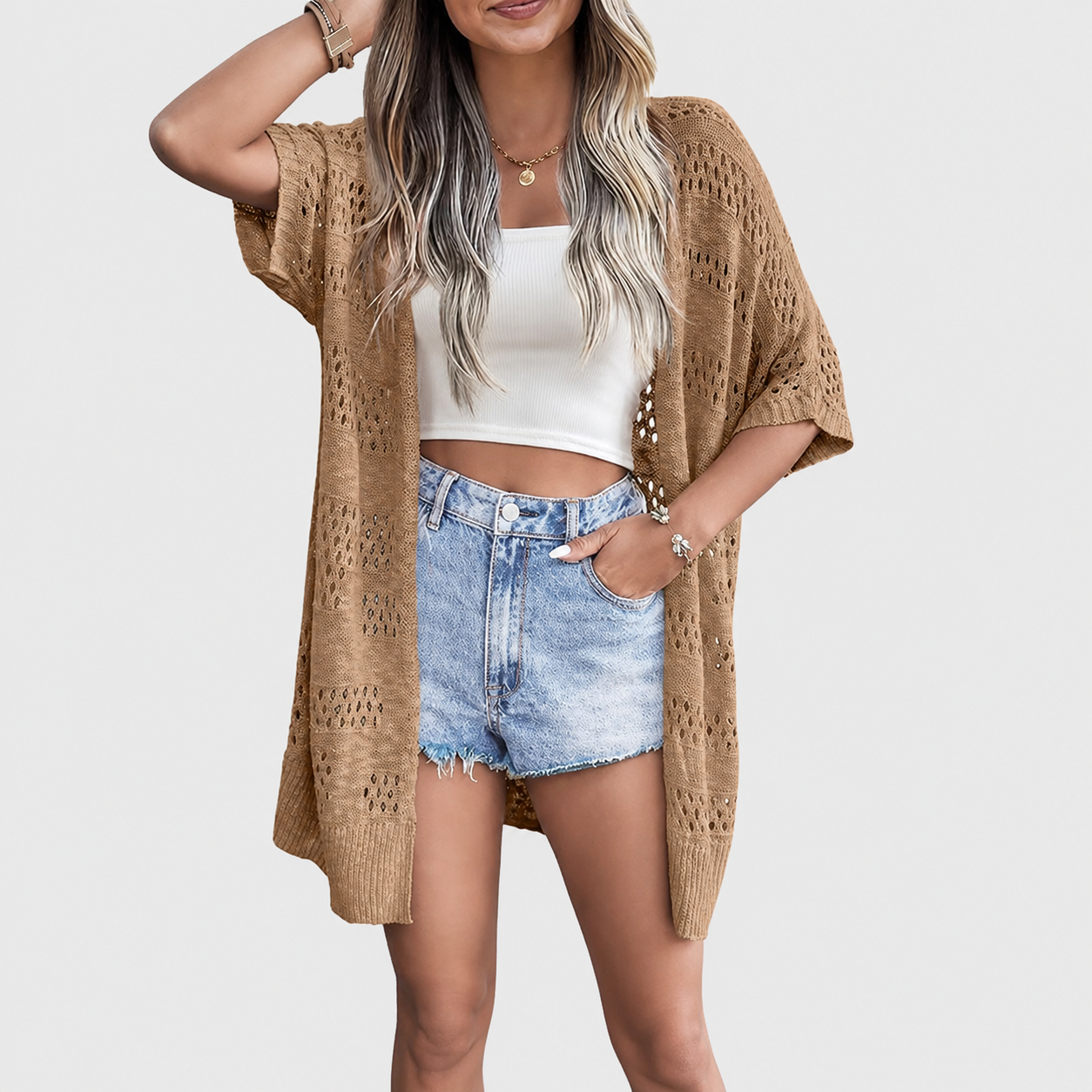 Lightweight Short Sleeve Crochet Knit Open Front Cardigan For Women