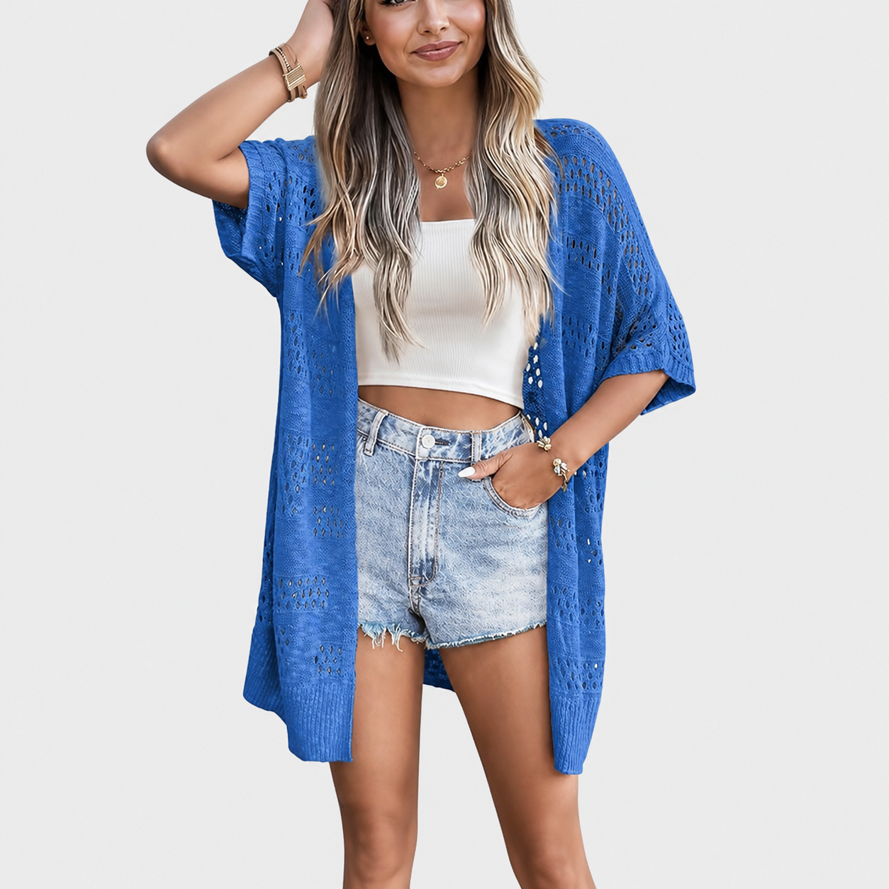 Lightweight Short Sleeve Crochet Knit Open Front Cardigan For Women