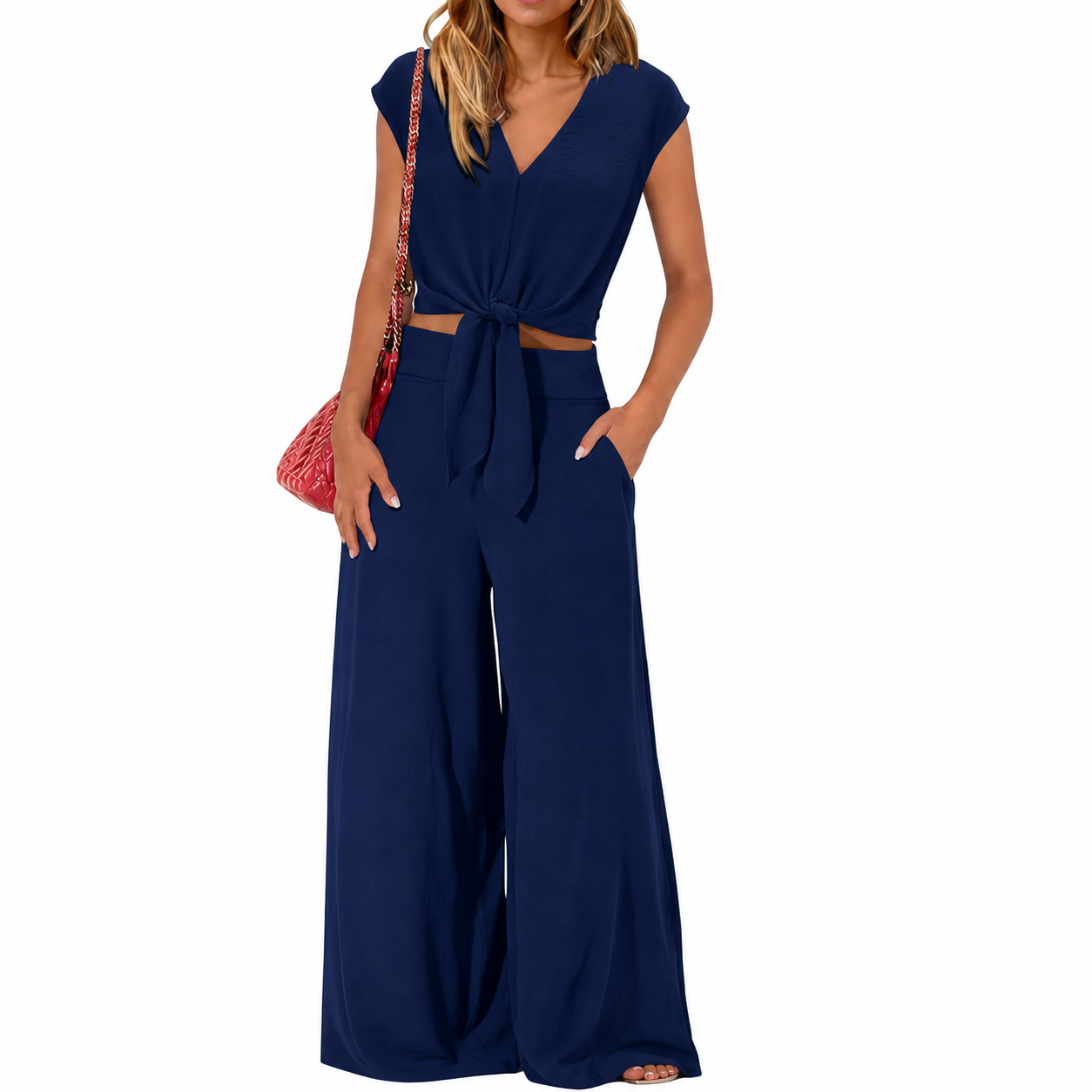 Belted Crop Top Wide Pant Outfit Set
