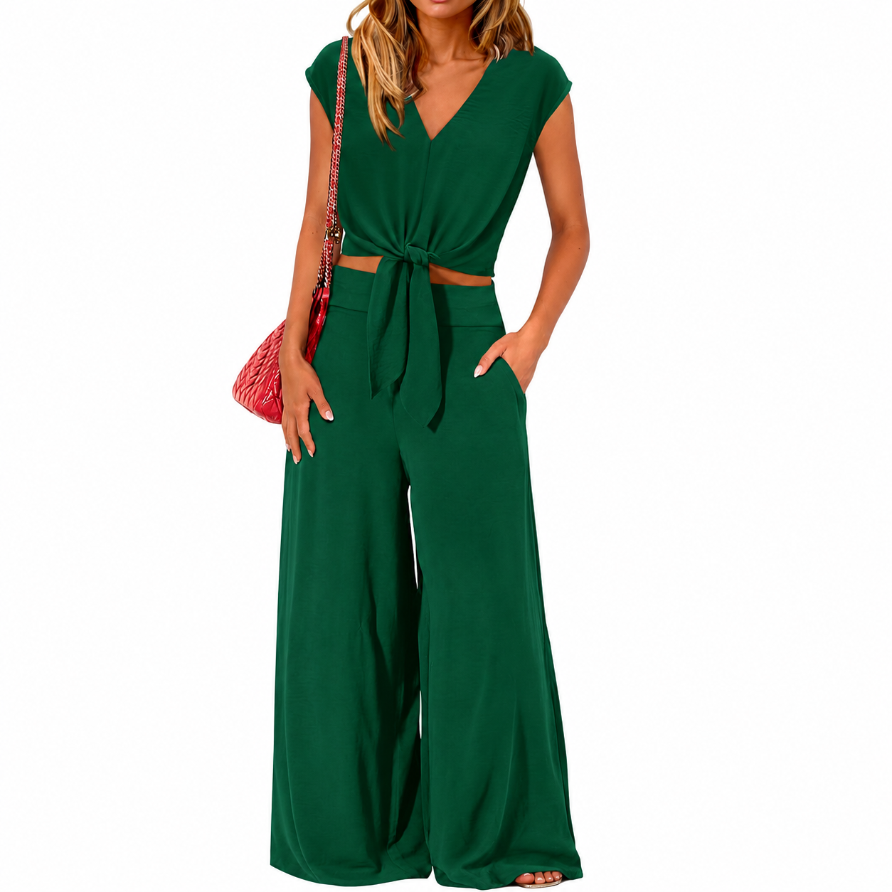 Belted Crop Top Wide Pant Outfit Set
