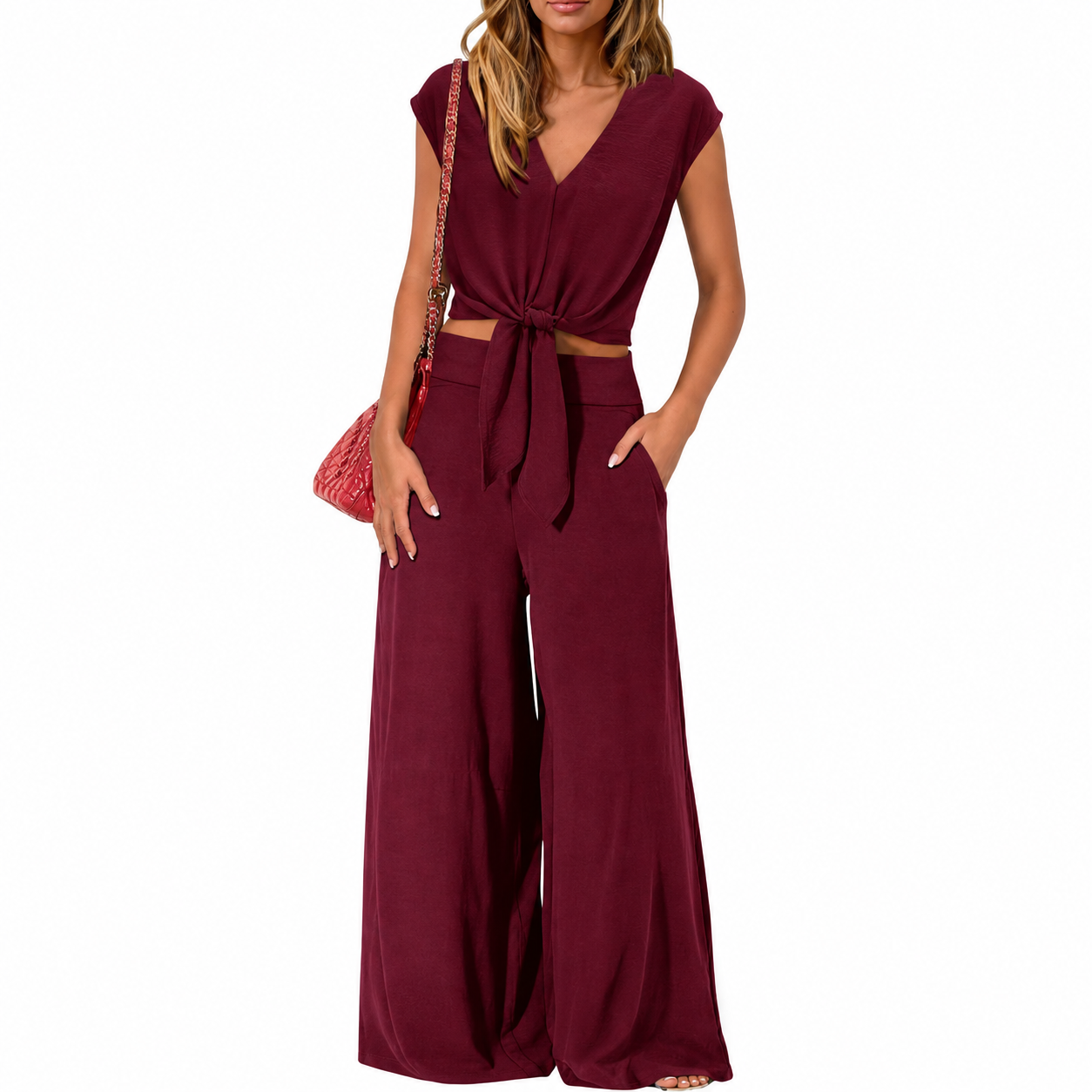 Belted Crop Top Wide Pant Outfit Set